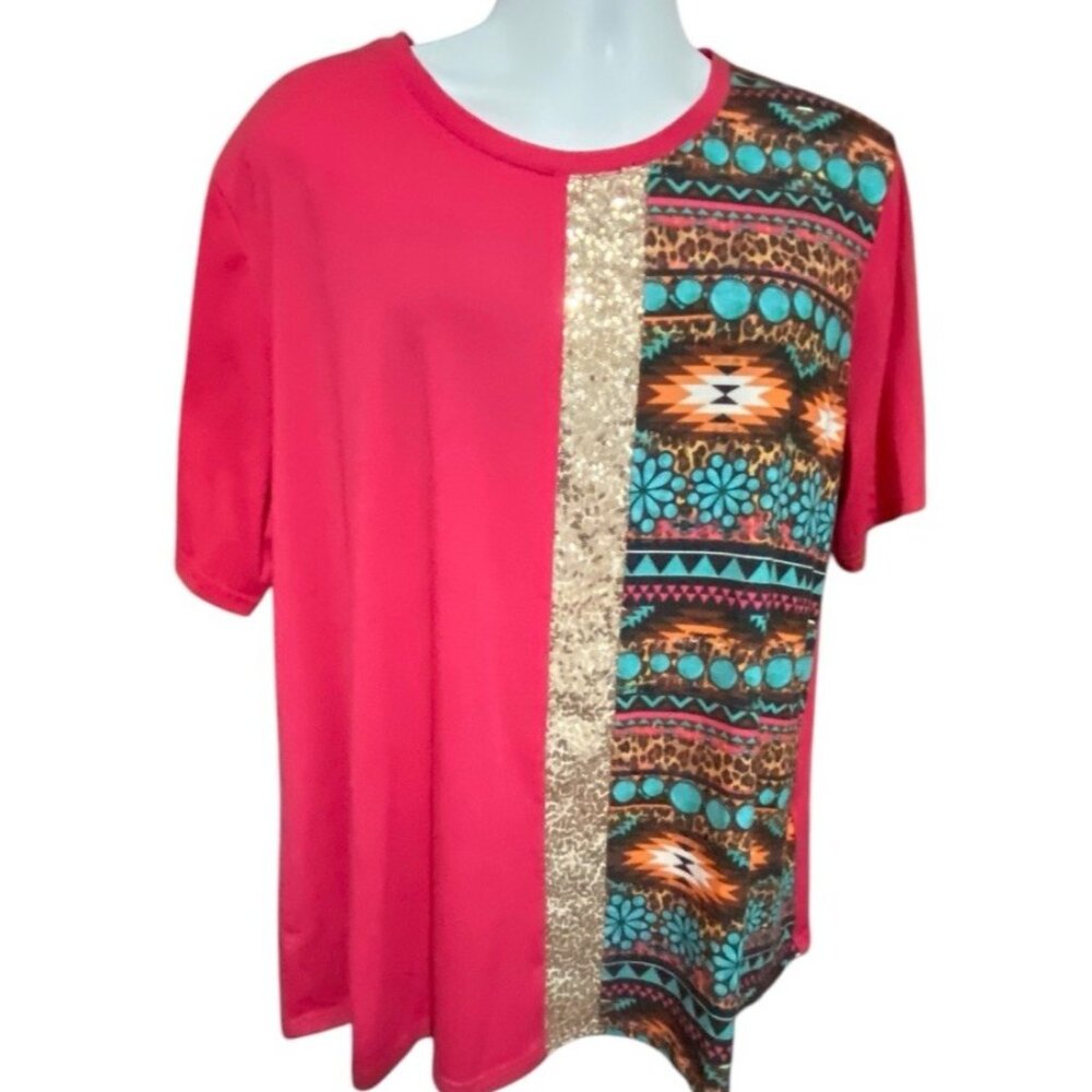 Southern Stitch Sequin Top Womens 3XL Colorful Tshirt Hot Pink Short Sleeve